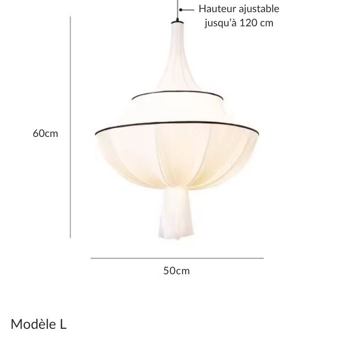 Suspension abat jour blanc modèle L, en tissu plissé avec hauteur ajustable et diamètre de 50 cm.