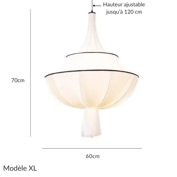 Suspension abat jour blanc modèle XL en tissu, idéale pour grands espaces avec ses 60 cm de diamètre.