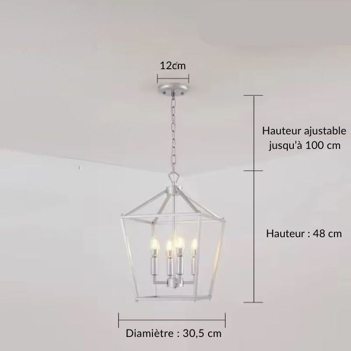 Schéma technique d’une suspension cage argentée, avec chaîne ajustable et quatre ampoules dans un cadre épuré.