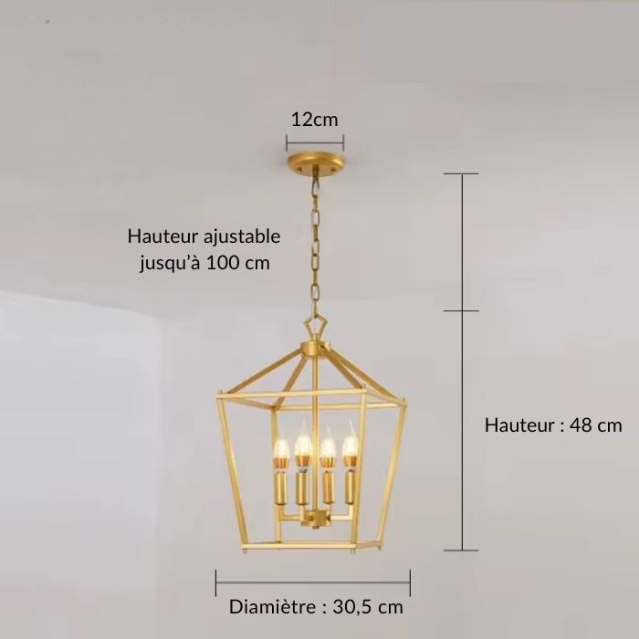 Schéma technique d’une suspension cage dorée avec hauteur ajustable jusqu’à 100 cm et diamètre de 30,5 cm.