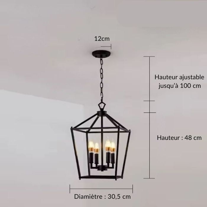 Schéma technique d’une suspension cage noire, hauteur réglable jusqu’à 100 cm, idéale pour des plafonds variés.