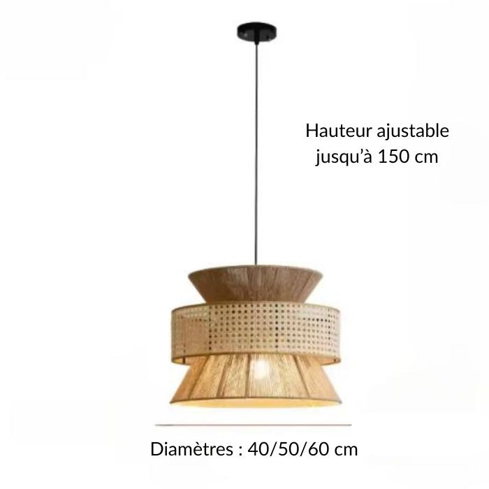 Suspension corde naturelle avec hauteur ajustable jusqu’à 150 cm, disponible en plusieurs diamètres pour s’adapter à tout espace.