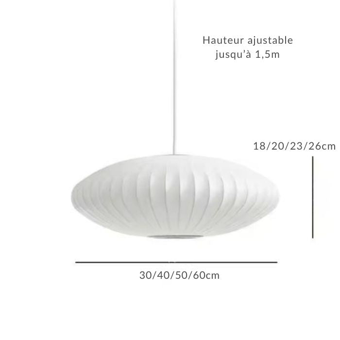 Suspension japonaise en tissu de soie blanche avec hauteur ajustable et différentes tailles disponibles.