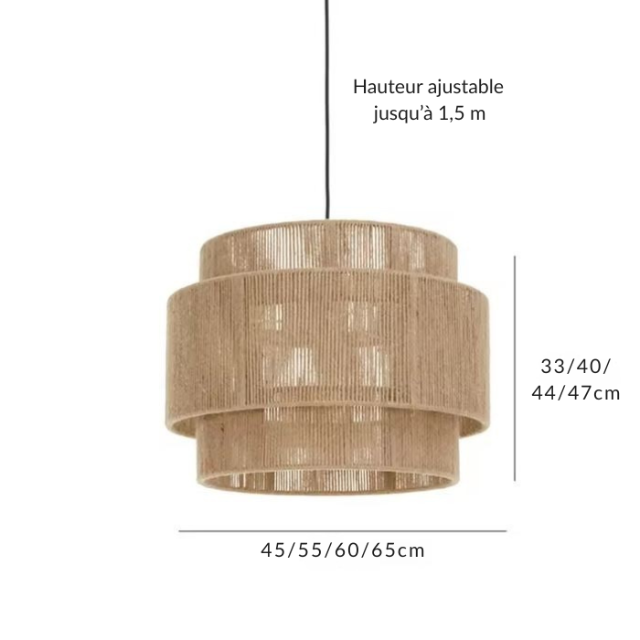 Suspension en jute disponible en plusieurs tailles avec hauteur ajustable jusqu’à 1,5 m pour s’adapter à tout espace.