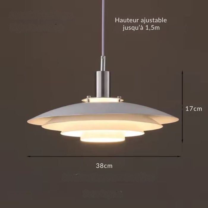 Suspension Morandi blanche avec hauteur réglable jusqu’à 1,5 m, diamètre 38 cm et design épuré à étages.