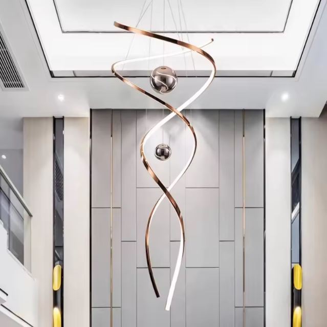 Suspension spirale moderne en métal et LED, luminaire design élégant pour salon contemporain.