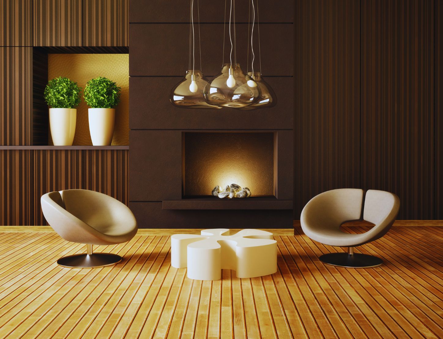 Suspensions en verre modernes au-dessus d'un salon contemporain avec foyer et mobilier design.