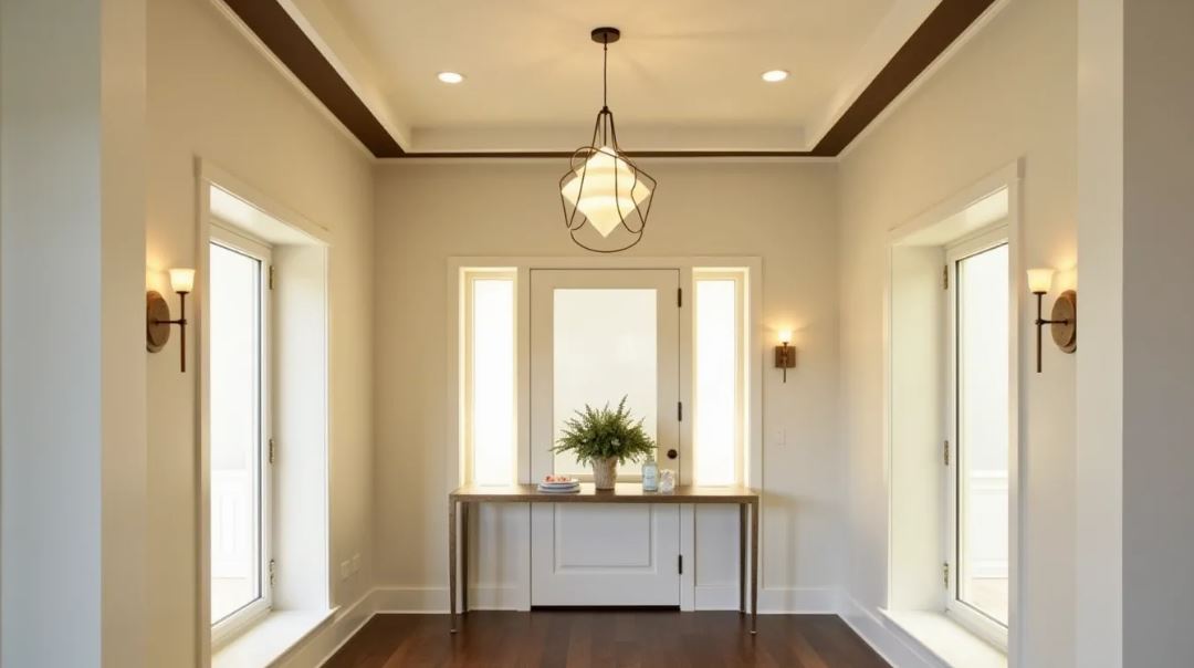 Entrée lumineuse avec lustre compact à structure géométrique noire et diffuseur blanc, créant un point d’accueil élégant sans encombrer l’espace.