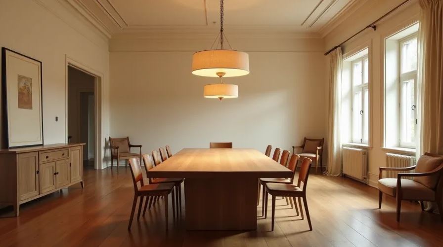 Grande salle à manger avec longue table en bois et deux suspensions cylindriques en tissu, bien proportionnées au volume et au mobilier.