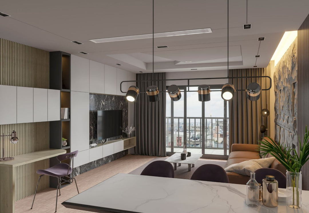 Suspensions industrielles en verre fumé et métal noir au-dessus d’un îlot : une lumière rétro graphique pour structurer un salon contemporain.