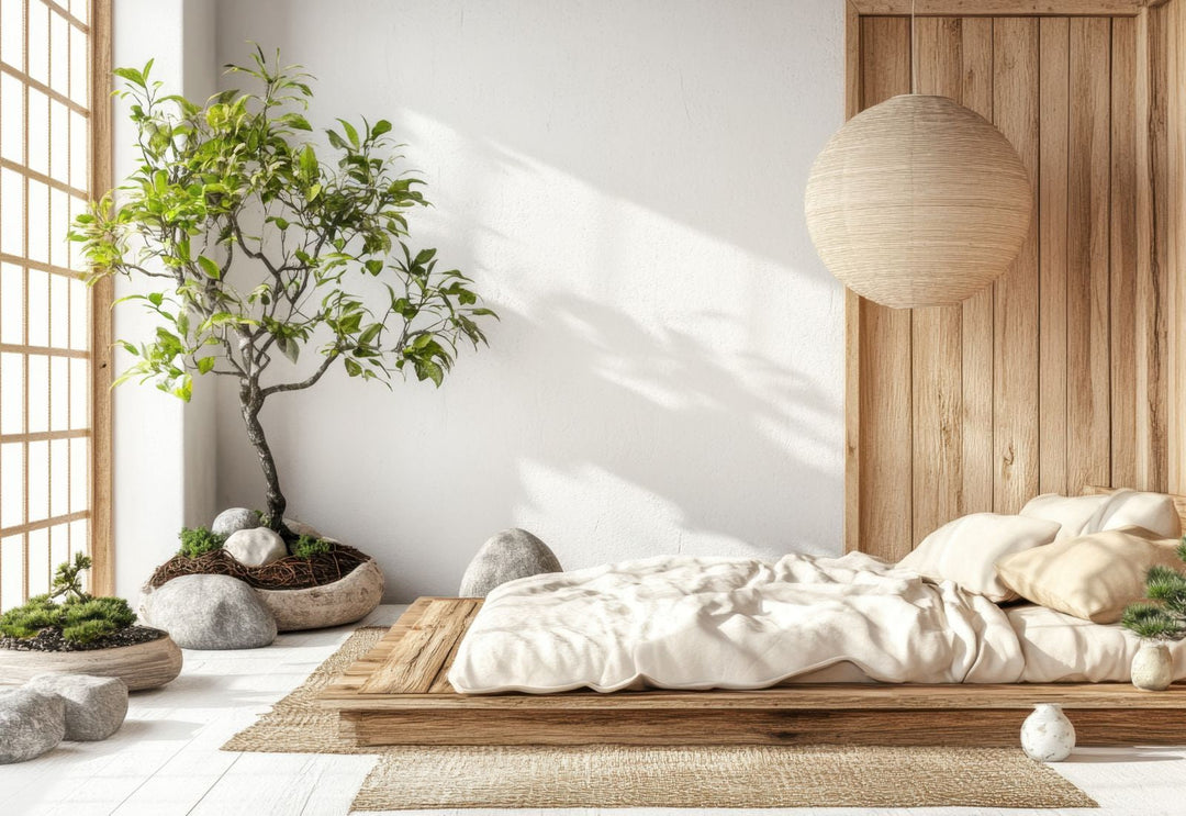 Chambre zen avec suspension japonaise en matière naturelle, diffusant une lumière douce et apaisante pour créer une atmosphère sereine et équilibrée.