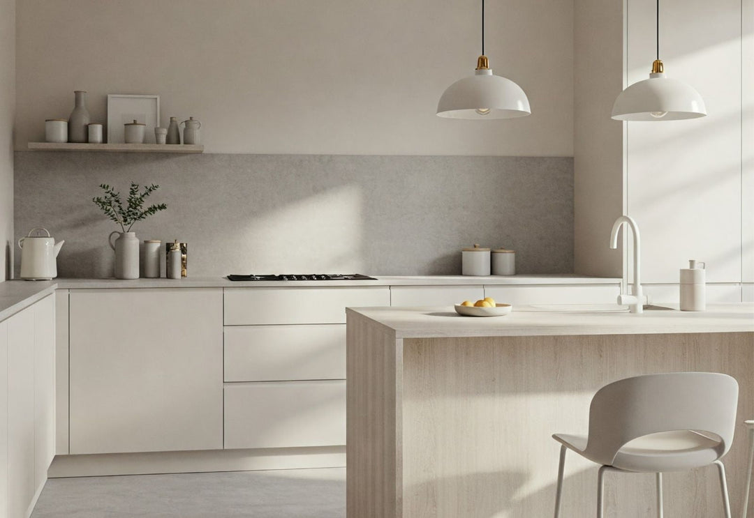 Suspension blanche au-dessus d’un îlot de cuisine épuré, parfaite pour introduire une touche japonaise calme et minimaliste sans tout changer.