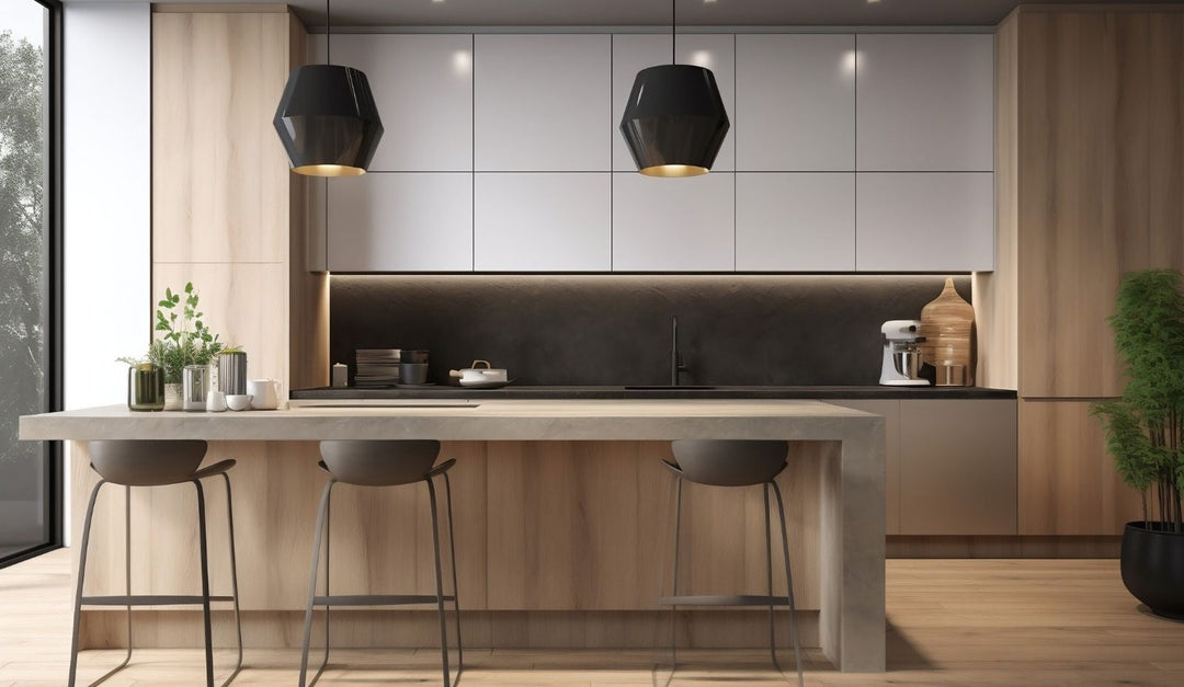 Suspensions noires graphiques au-dessus d’un îlot en béton brut : un clin d’œil au design des années 60 dans une cuisine épurée et chaleureuse.