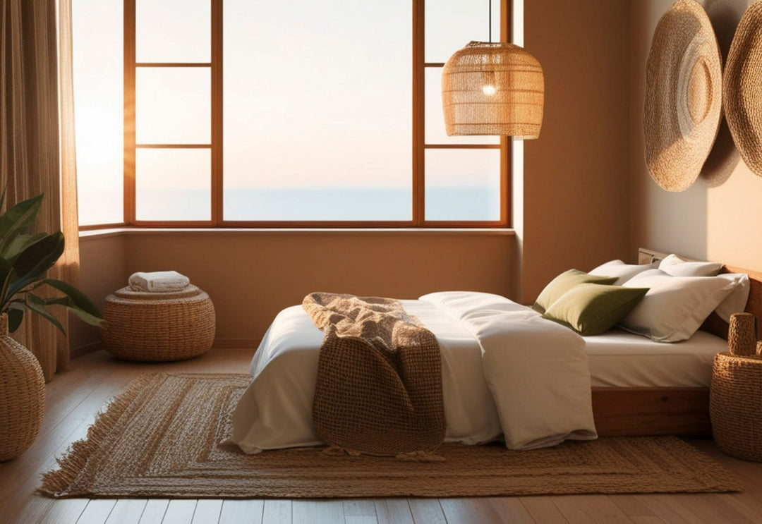 Suspension en rotin dans une chambre chaleureuse : une lumière tamisée et naturelle pour créer une ambiance douce, apaisante et enveloppante.