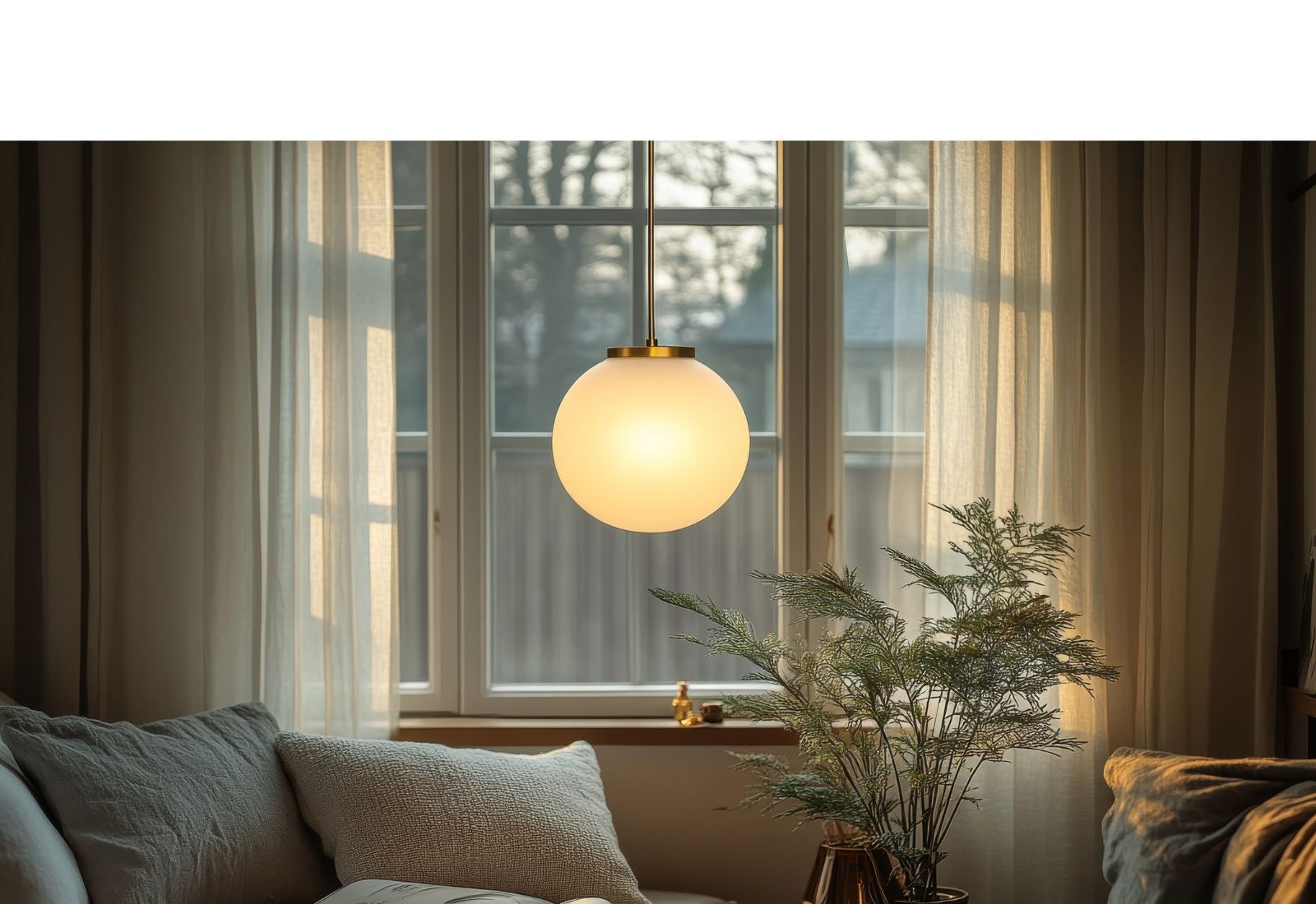 Suspension opaline en verre dépoli offrant une lumière douce et tamisée, idéale pour créer une ambiance chaleureuse et apaisante dans le salon.