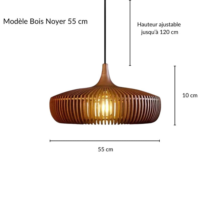 Présentation des caractéristiques et dimensions de la suspension design en bois.