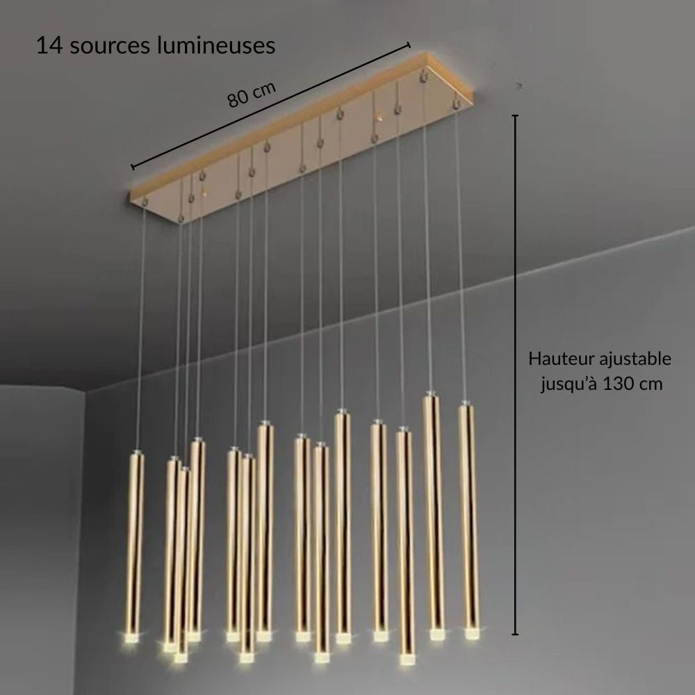 Plan de cotation et dimensions de la suspension cascade dorée à tubes LED.
