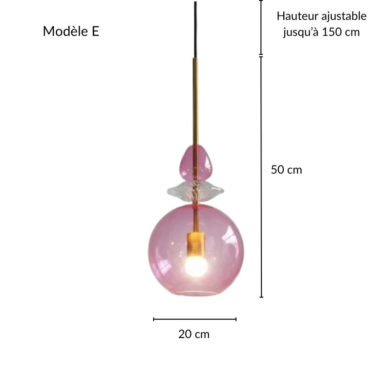 Schéma technique de la suspension en verre soufflé rose, incluant les cotes précises du luminaire.