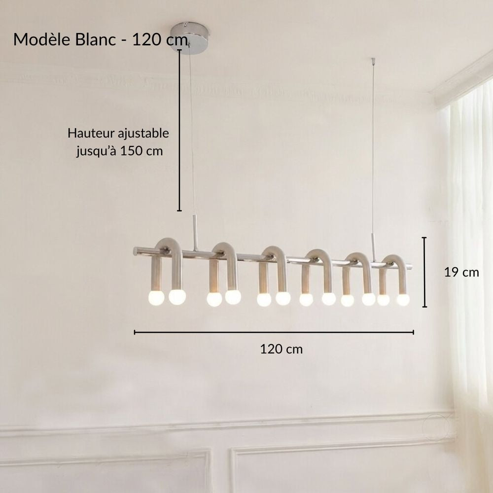 Visuel technique affichant les cotes précises du modèle de suspension linéaire blanche à arches multiples en version 120 cm