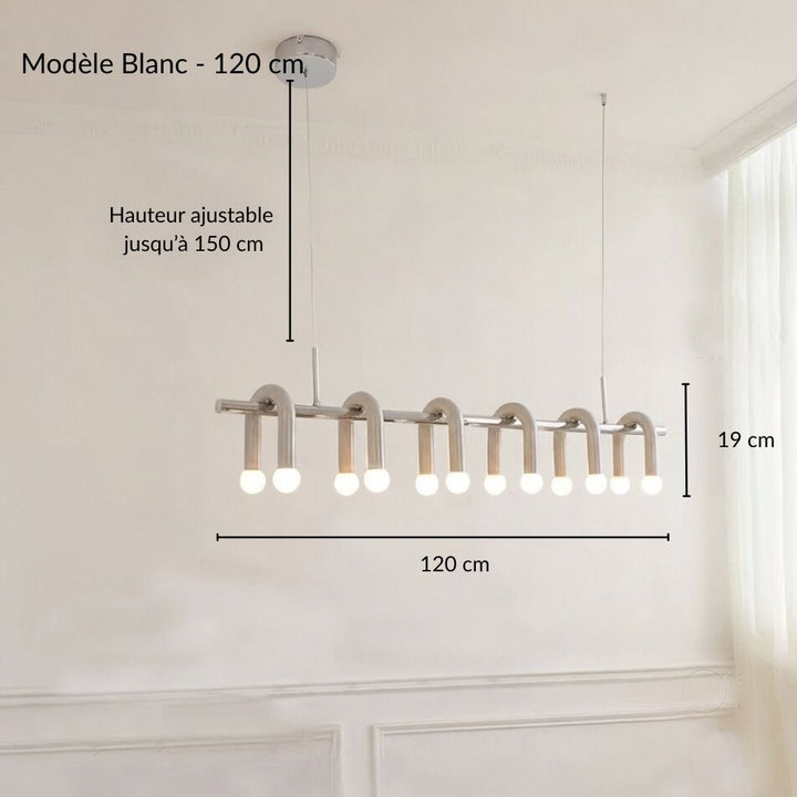 Visuel technique affichant les cotes précises du modèle de suspension linéaire blanche à arches multiples en version 120 cm