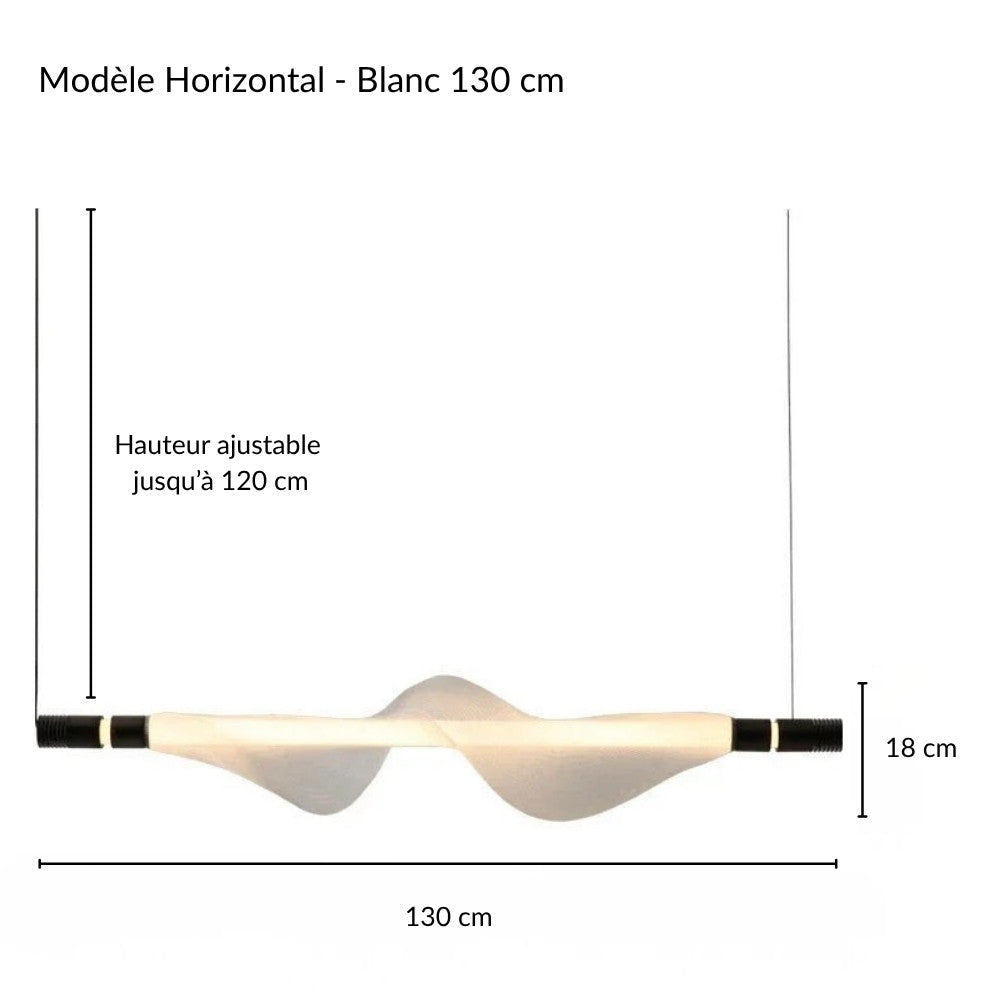 Fiche de dimensions d'une grande suspension LED horizontale pour table à manger.