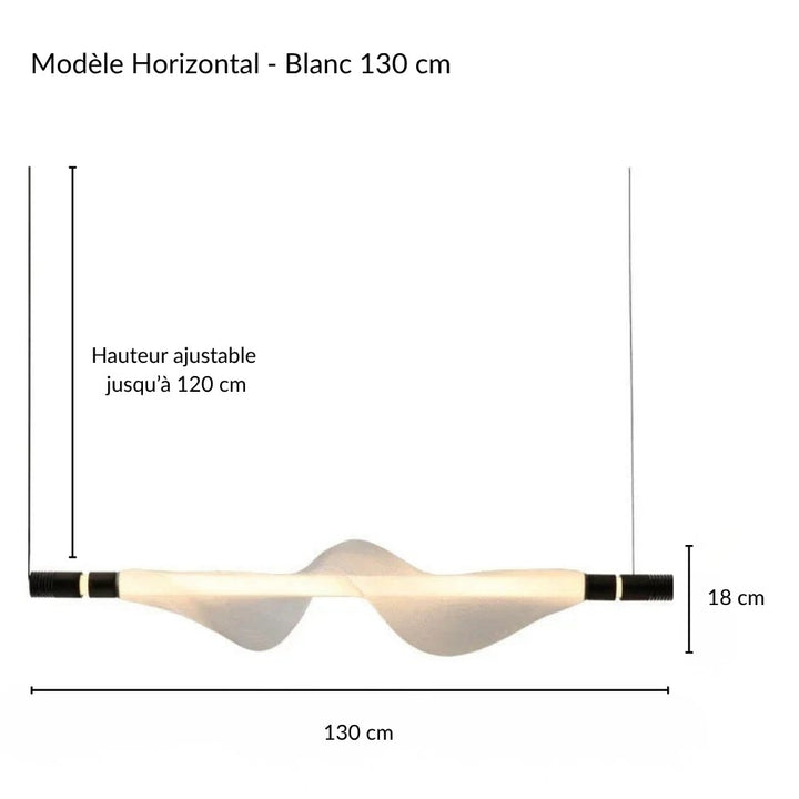 Fiche de dimensions d'une grande suspension LED horizontale pour table à manger.