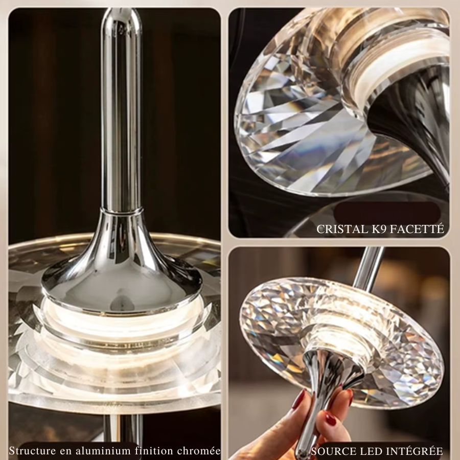 Détails d’une suspension étoile en cristal K9 facetté et aluminium chromé avec source LED intégrée, au style design raffiné