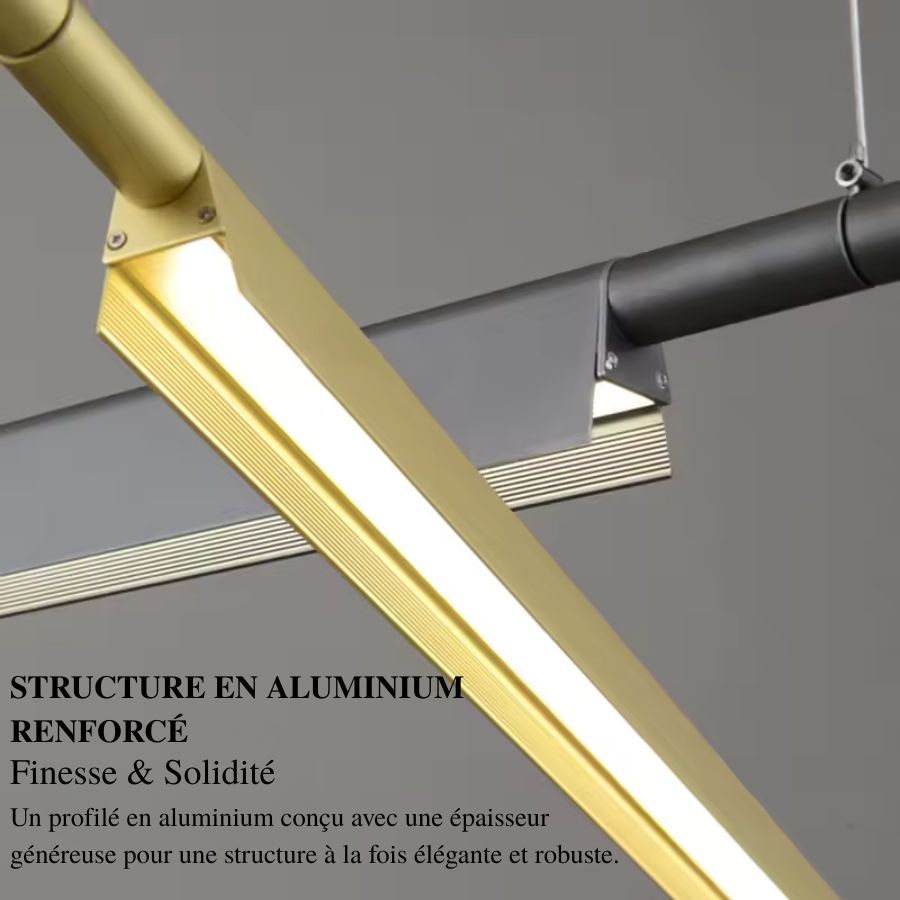 Détail de suspensions linéaires LED en aluminium doré et noir, au design industriel fin et contemporain