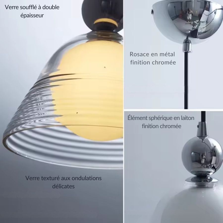 Détails du verre soufflé texturé, de la rosace chromée et de l’élément sphérique métallique au style rétro raffiné