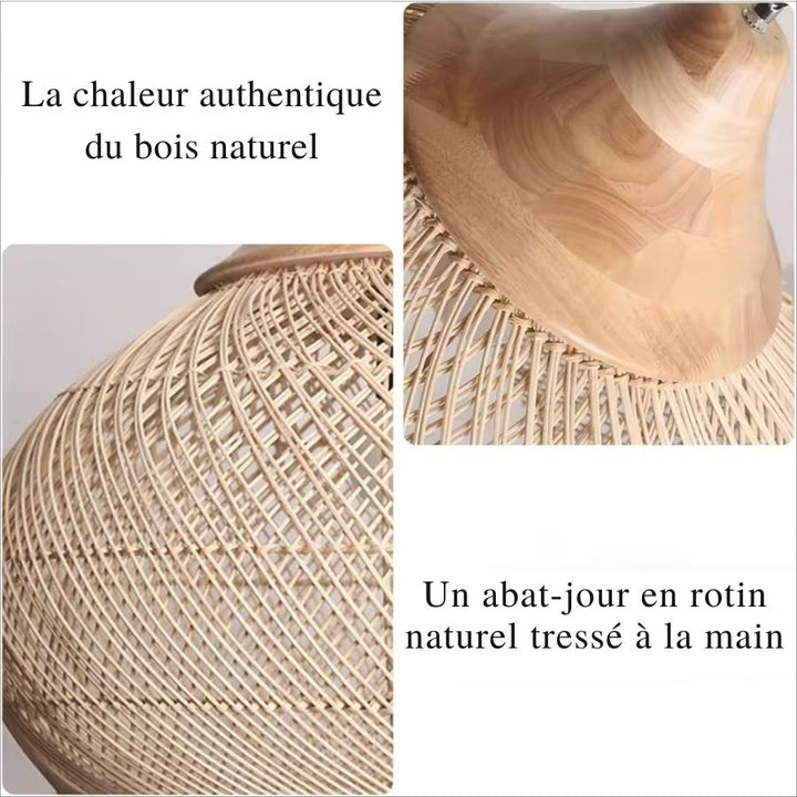 Association de bois naturel et de rotin tressé à la main, pour une suspension au style balinais, artisanal et chaleureux