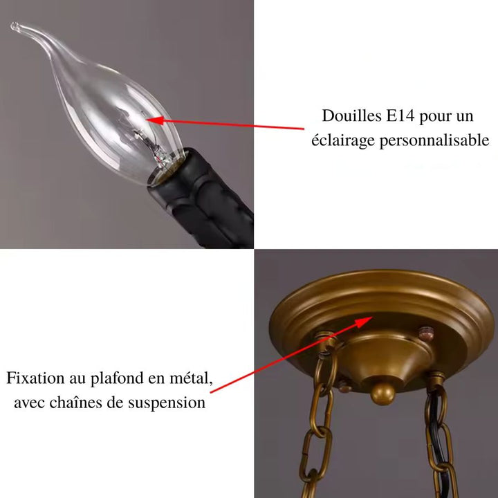 Détails techniques d'un lustre en corde de style vintage, avec douille E14 et rosace métallique bronze à chaînes.