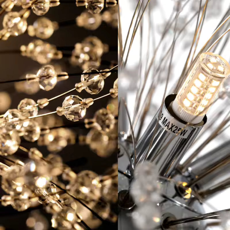 Détails des perles facettées et de l’ampoule G9 LED qui composent ce lustre pissenlit à l’éclat cristallin
