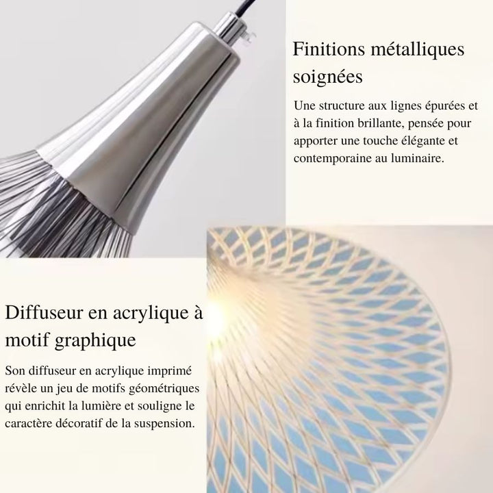 Finitions métalliques et diffuseur en acrylique imprimé soulignent le design graphique et contemporain de la suspension