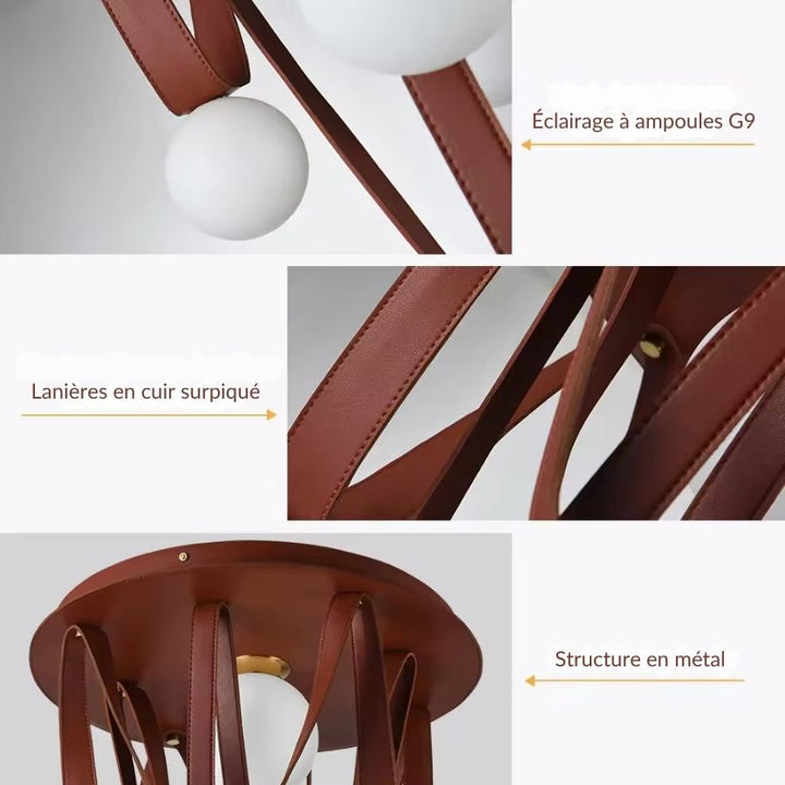 Détails de la suspension : lanières de cuir brun surpiqué, structure en métal et globes équipés d’ampoules G9.
