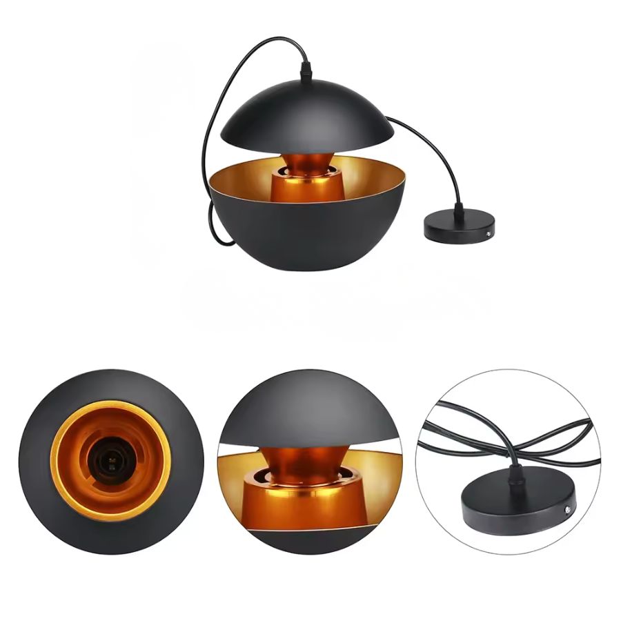 Vue détaillée d’une suspension noire à double coque métallique, au style design avec intérieur doré