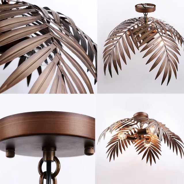 Détails de la suspension palmier en métal cuivré avec feuillage décoratif, idéale pour un intérieur lumineux au style exotique.