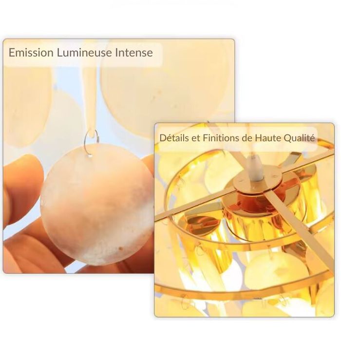 Détails des pampilles en nacre et des finitions dorées d'une suspension lumineuse, mettant en valeur la qualité et l'élégance du design.