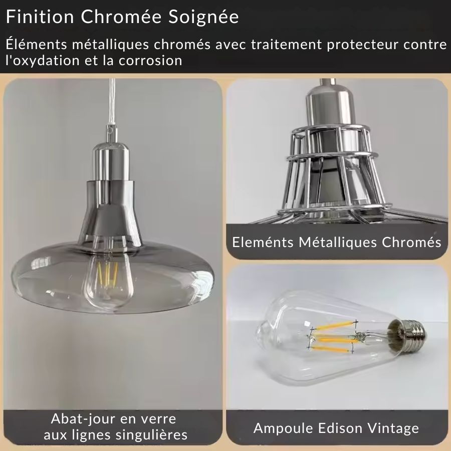 Détails du verre transparent, des finitions chromées et de l’ampoule Edison d’un luminaire industriel vintage