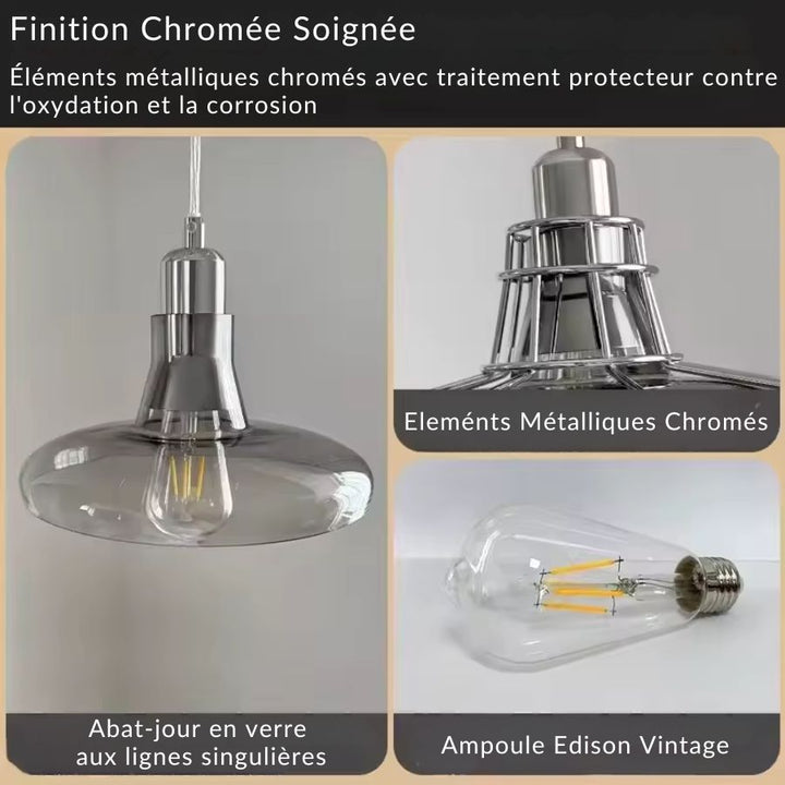 Détails du verre transparent, des finitions chromées et de l’ampoule Edison d’un luminaire industriel vintage