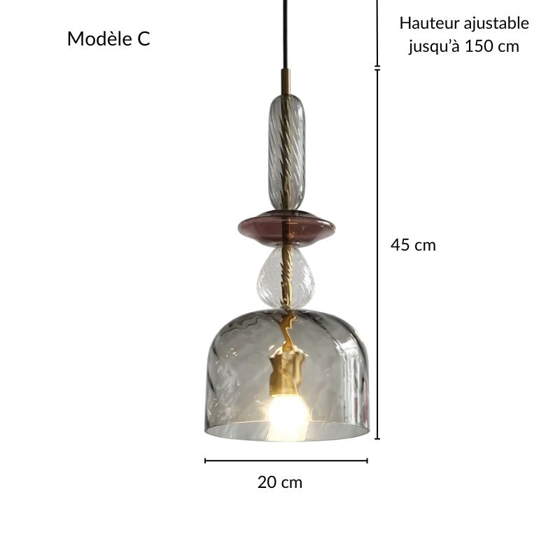 Fiche descriptive avec dimensions techniques d'une suspension en verre marron soufflé.
