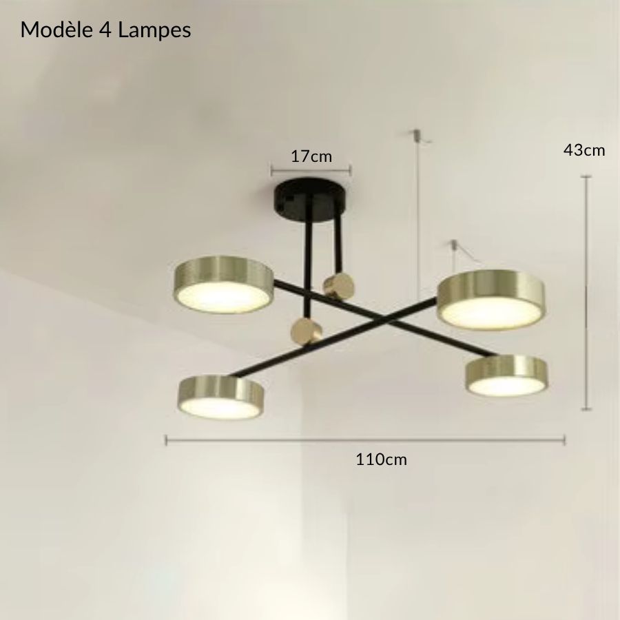 Modèle 4 lampes du lustre noir et doré à bras croisés, mesurant 110 cm de large et 43 cm de haut.