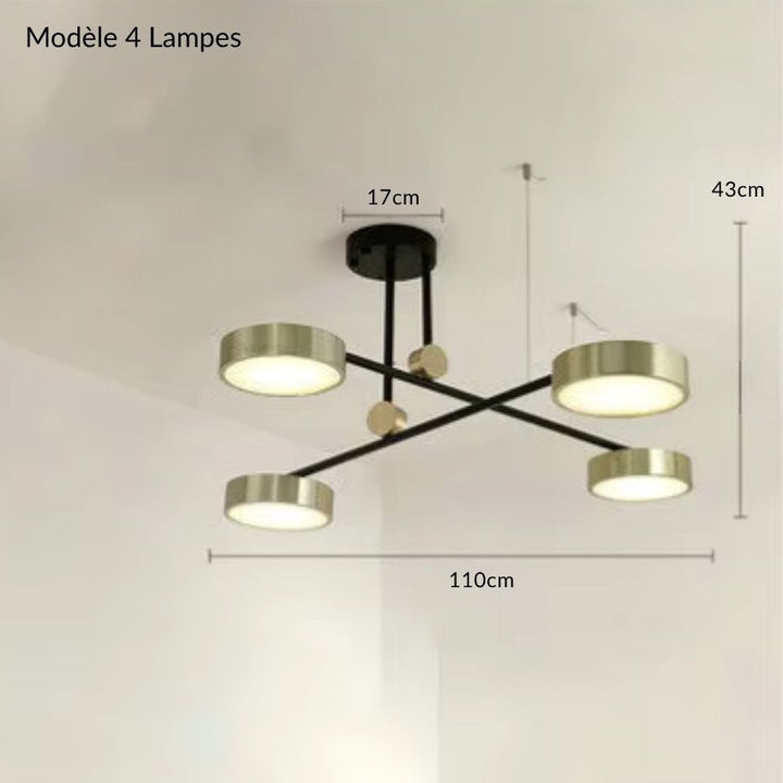 Modèle 4 lampes du lustre noir et doré à bras croisés, mesurant 110 cm de large et 43 cm de haut.