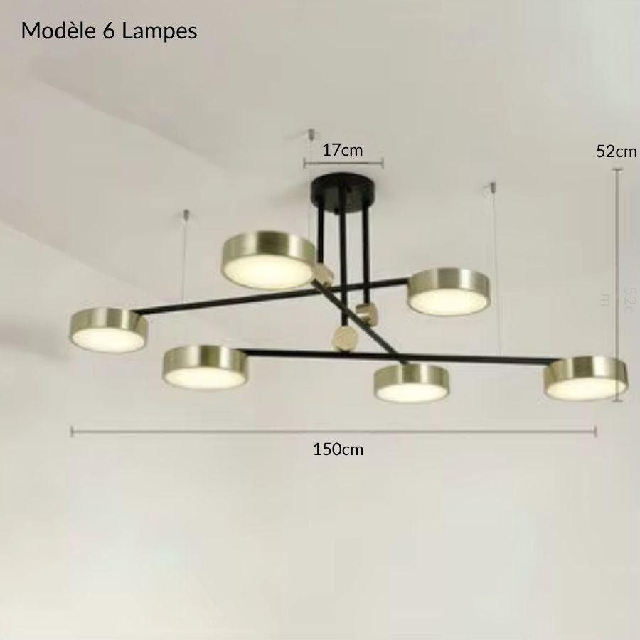 Dimensions du modèle 6 lampes : lustre noir et doré à bras croisés, 150 cm de large pour 52 cm de haut.
