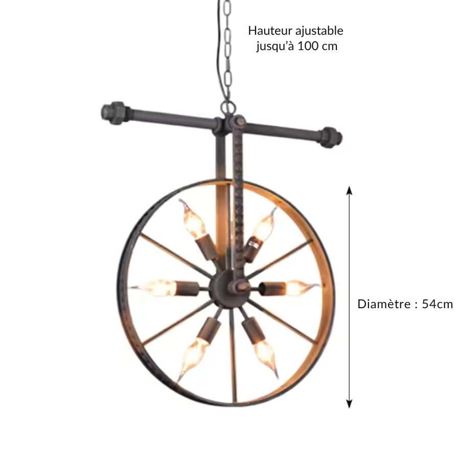 Dimensions du lustre roue industriel vertical à 6 lumières, diamètre 54 cm et hauteur réglable jusqu’à 100 cm