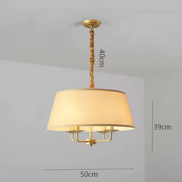 Dimensions précises de la suspension beige doré avec un diamètre de 50 cm et une hauteur de 40 cm sous plafond.