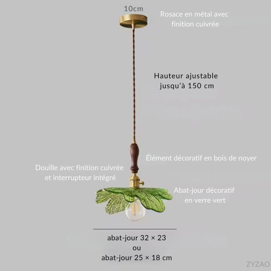 Dimensions de la suspension en verre vert et bois de noyer avec hauteur réglable et deux tailles d’abat-jour