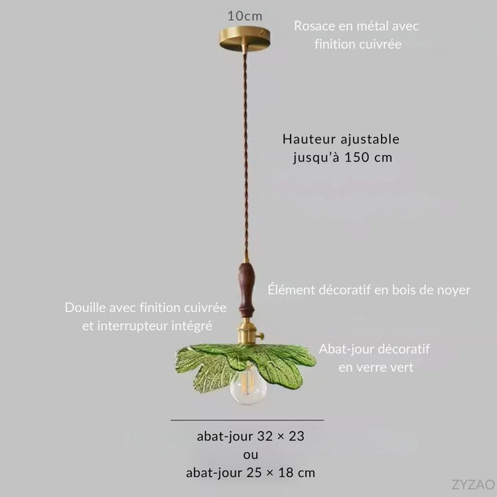 Dimensions de la suspension en verre vert et bois de noyer avec hauteur réglable et deux tailles d’abat-jour