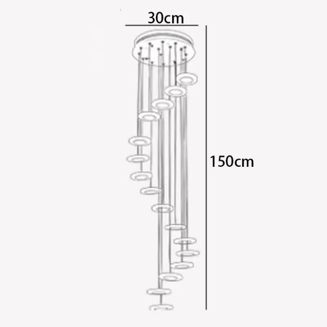 Schéma des dimensions de la suspension cascade pour escalier avec une hauteur de 150 cm et un diamètre de 30 cm.