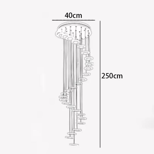 Schéma des dimensions de la suspension cascade pour escalier avec une hauteur de 250 cm et un diamètre de 40 cm.