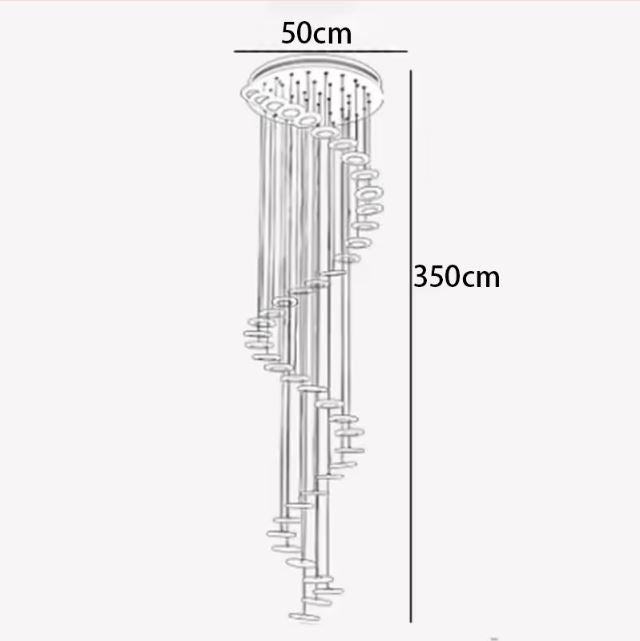 Schéma des dimensions de la suspension cascade pour escalier avec une hauteur de 350 cm et un diamètre de 50 cm.